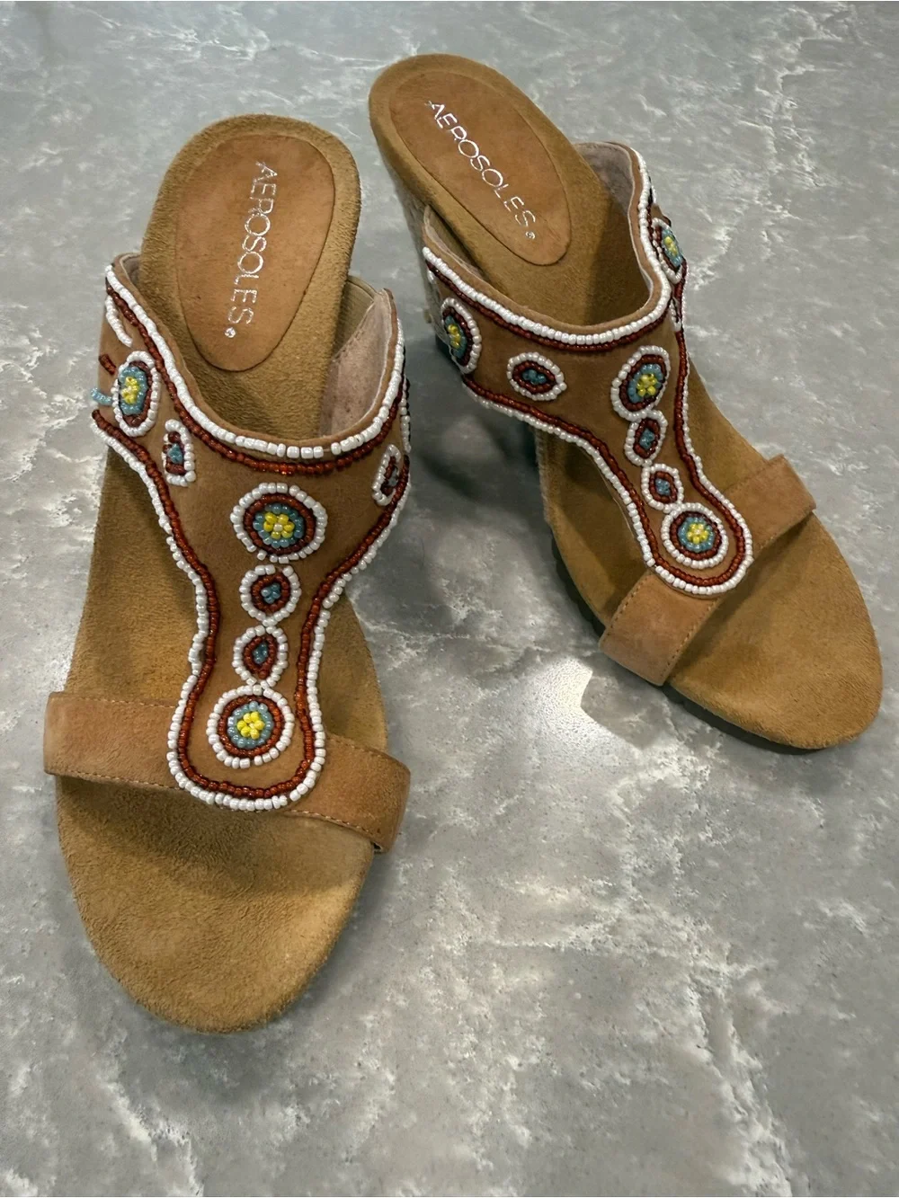 Aerosoles Beaded Espadrille Wedge Sandals Tan Suede Boho Size 7M